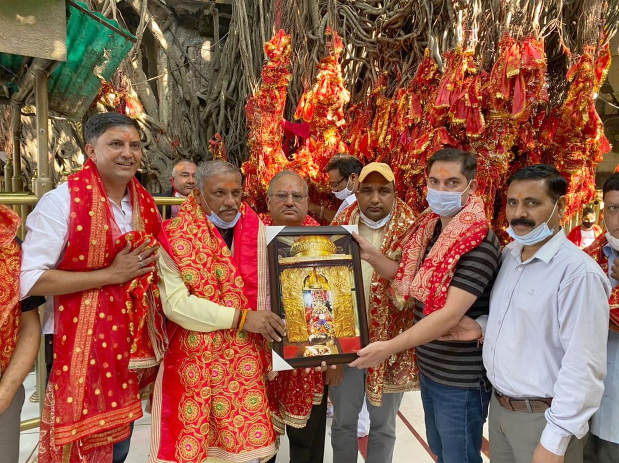 Devotees queue in the court of Mother Chintpurni