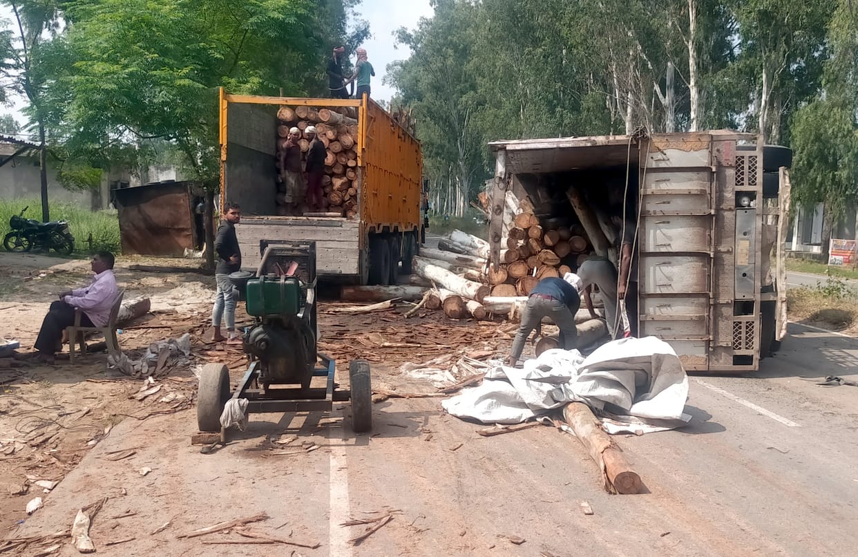 Highway jam due to overturning a truck laden with wood