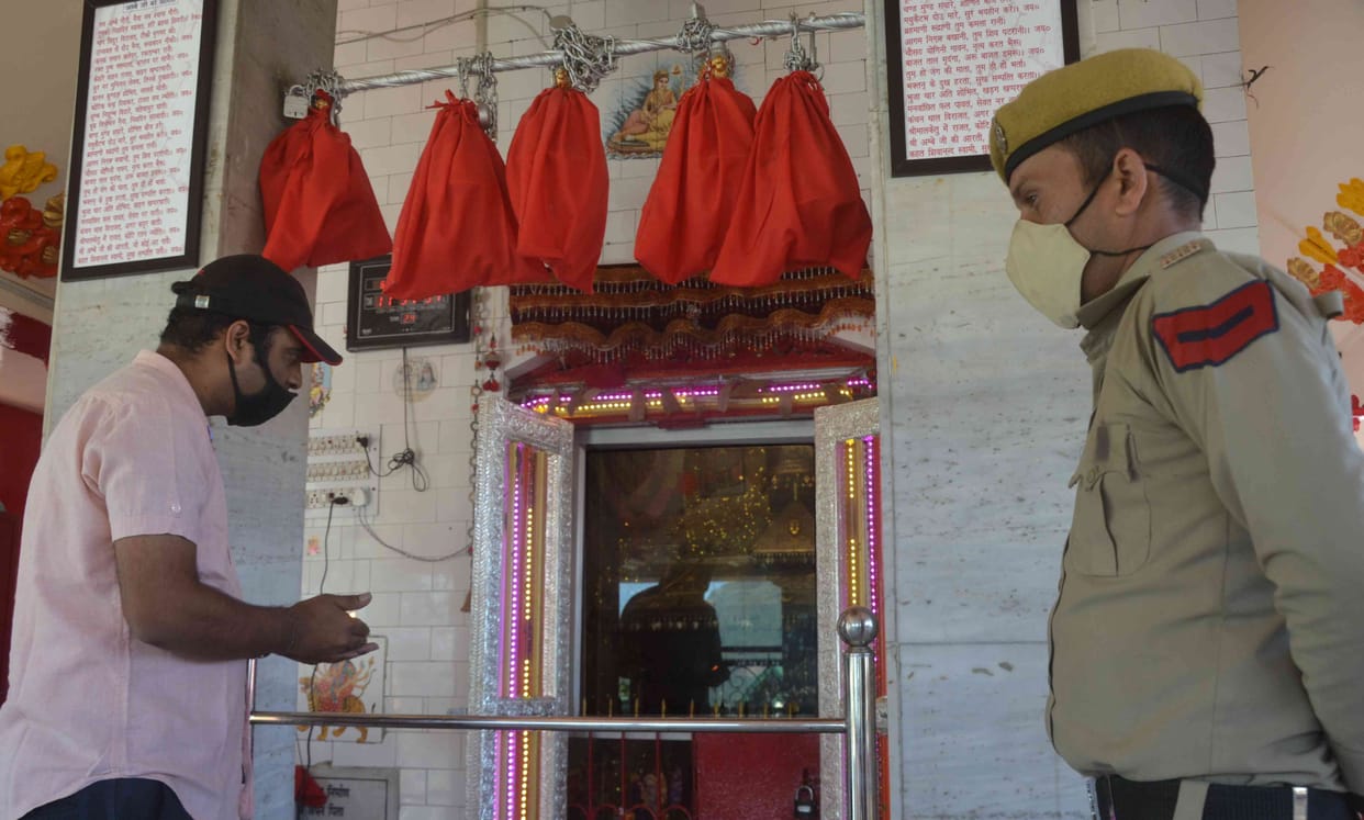 Shoolini temple in Solan decorated for Navrata entry onlt after sanitisation and thermal screening