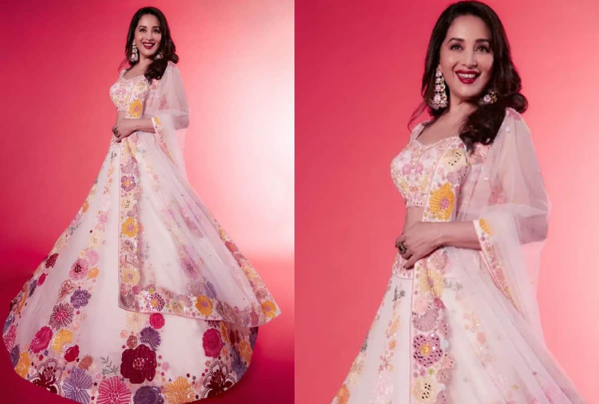 Madhuri Dixit White Floral Print Lehenga looks stunning
