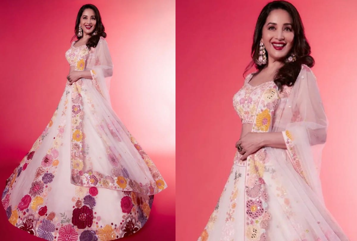 Madhuri Dixit White Floral Print Lehenga looks stunning