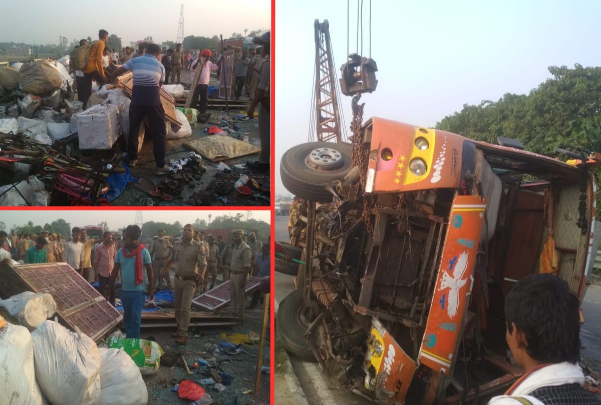 Big Accident people injured after Double decker bus overturned on four lane at Lucknow Gorakhpur Fourlane