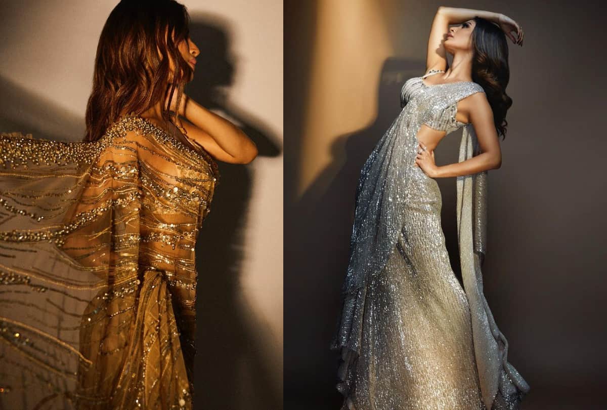 Mouni roy saree look in silver and golden sarees traditional outfit fashion tips