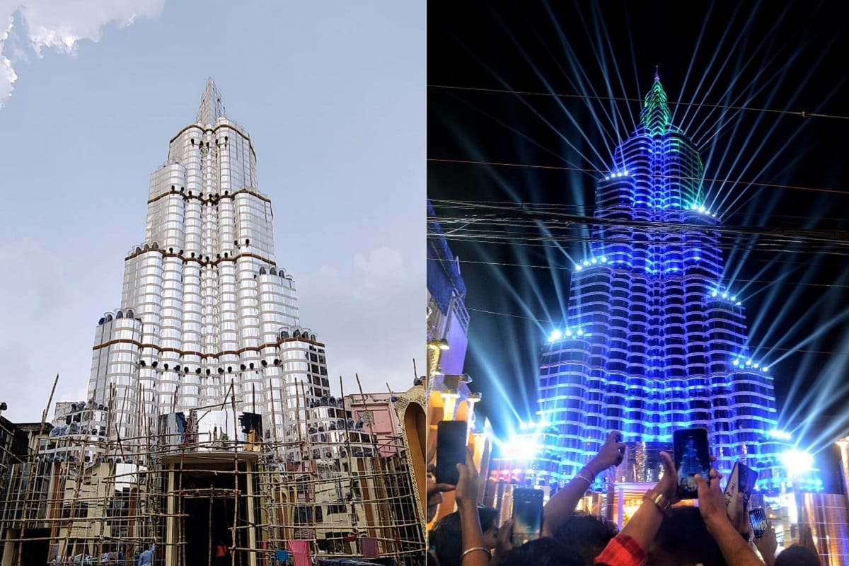 Durga Puja Pandal in Kolkata inspired by Burj Khalifa in Dubai attracting huge crowd news in Hindi