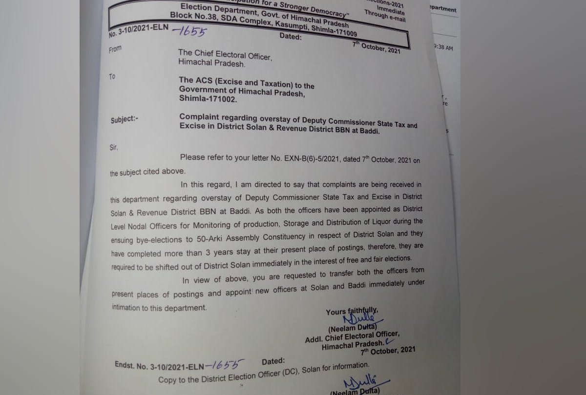 Himachal News :chief electoral officer himachal pradesh orders to transfer deputy commissioner state tax and excise