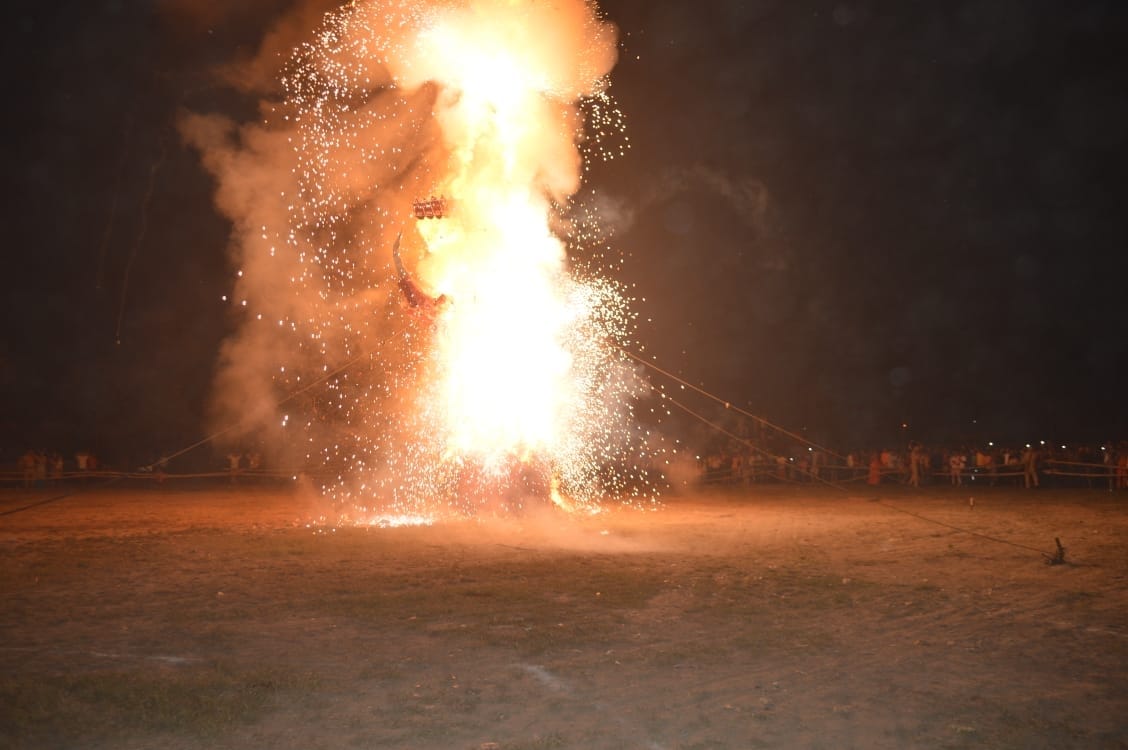 Hathras: The effigy of Ravana, a symbol of evil burnt, crowd gathered