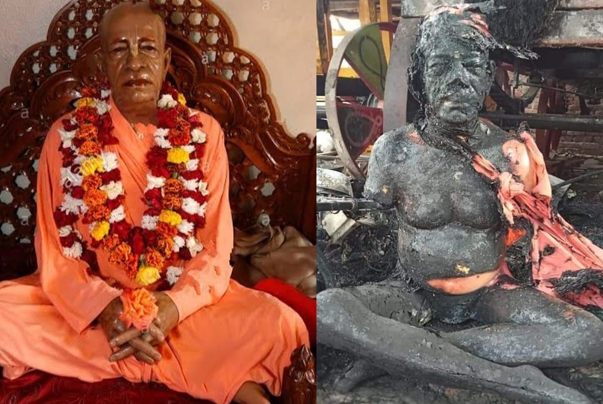 इस्कॉन मंदिर में हमले के दौरान उपद्रवियों ने प्रभुपाद की मूर्ति भी जला दी।