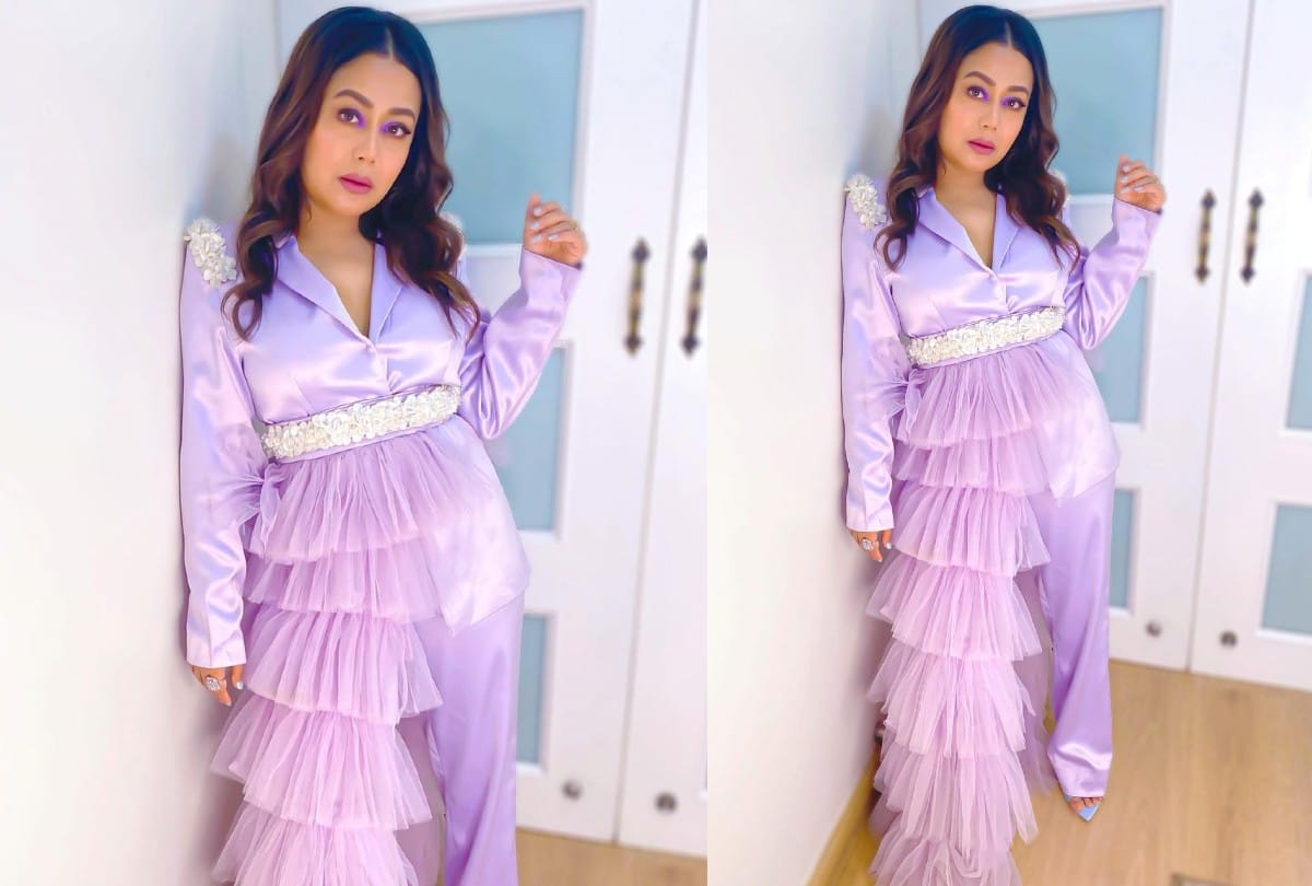 neha kakkar purple pantsuit With Frill Style Photos