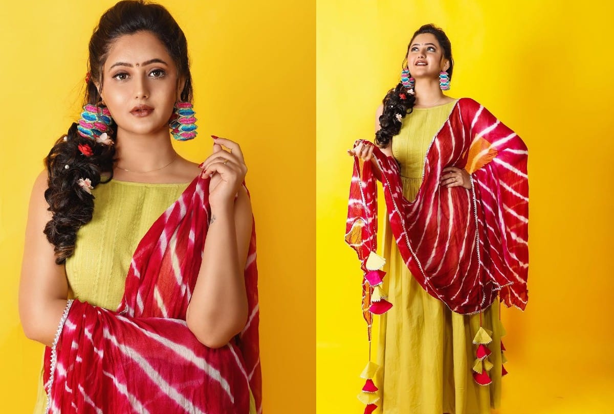 rashami desai traditional look in Blue Saree And lime Green Kurti