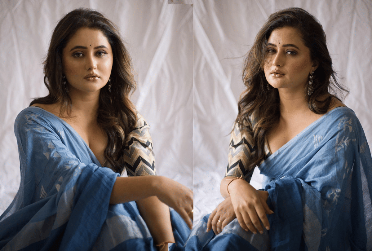 rashami desai traditional look in Blue Saree And lime Green Kurti