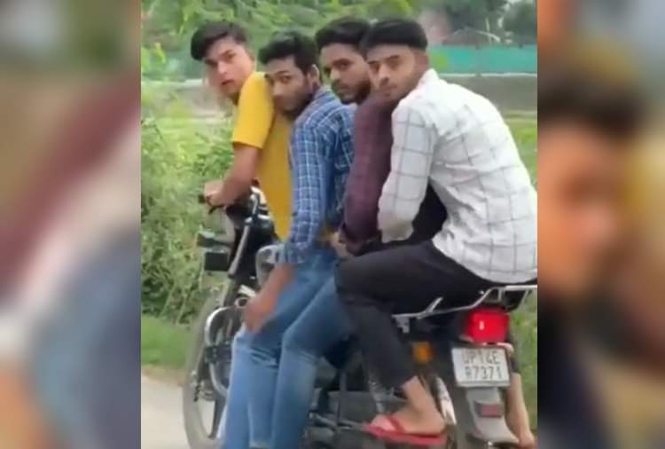 Stunt of five youths on a bike in Ghaziabad Police challaned 12 thousand see photos