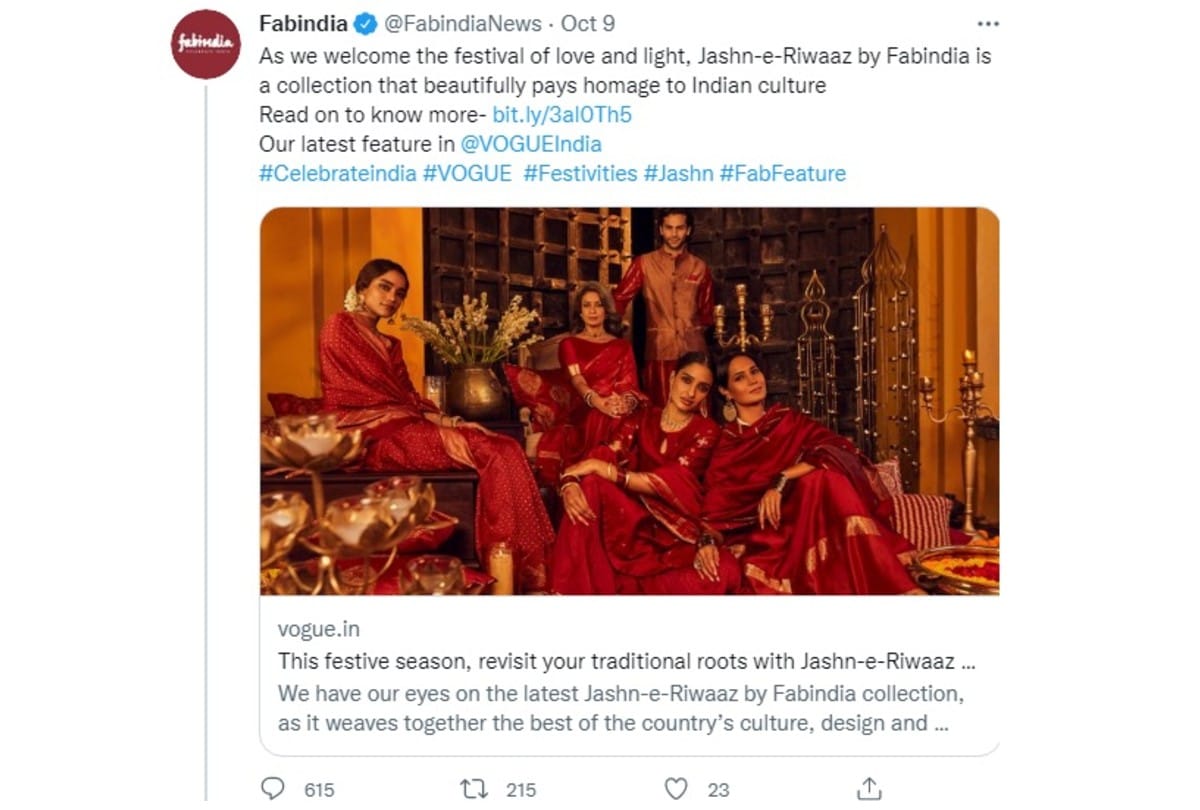 Fabindia on back foot said Jashn-e-Riwaaz is not a Diwali collection, will be soon launched 'Jhilmil si Diwali' promo