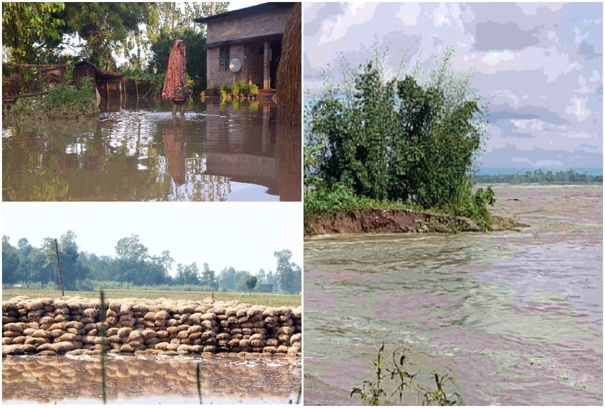 Pilibhit UP Weather News flood all around two farmers stuck in between water all around saved by villagers