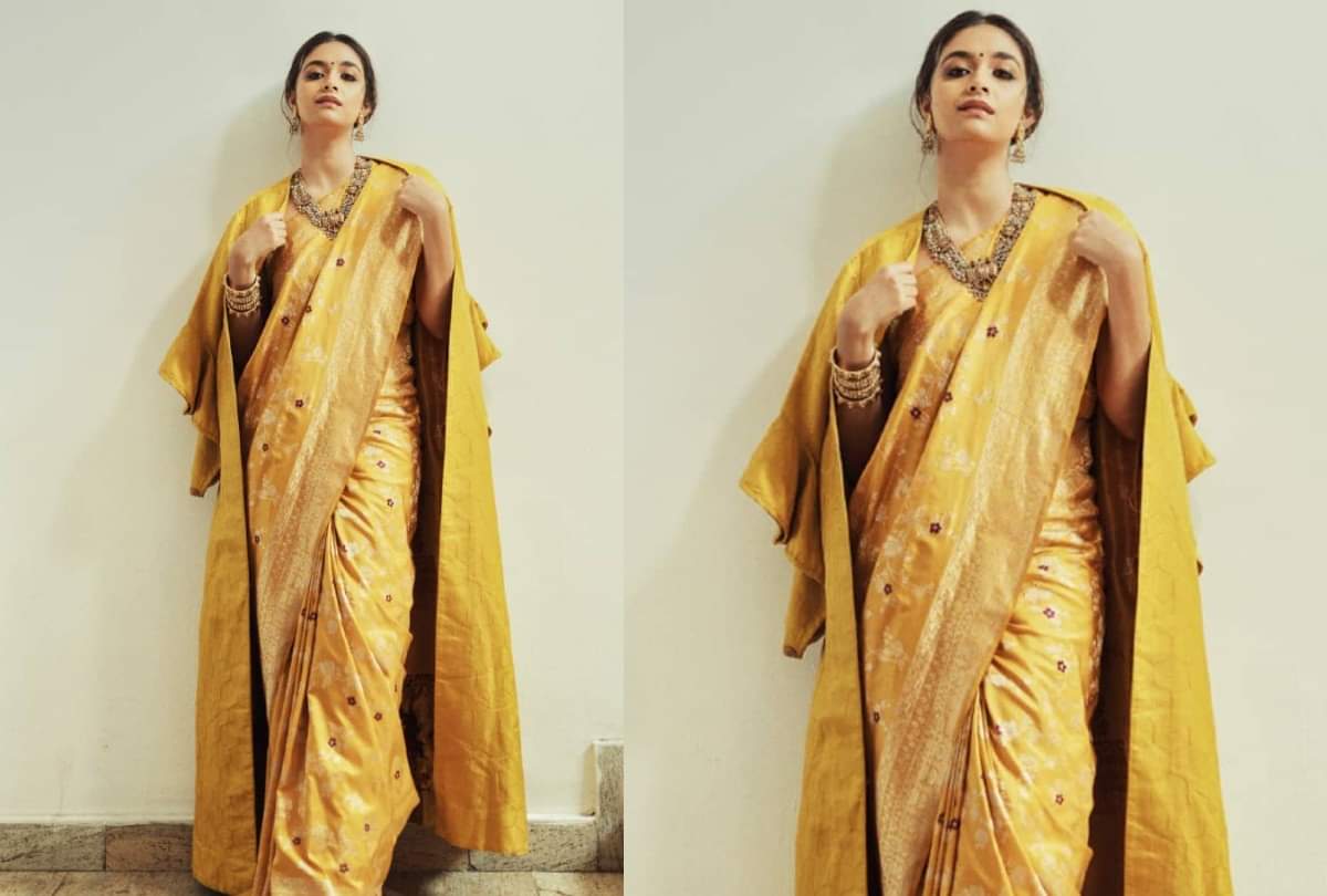 keerthy Suresh Wear mustard Saree With jacket Photos