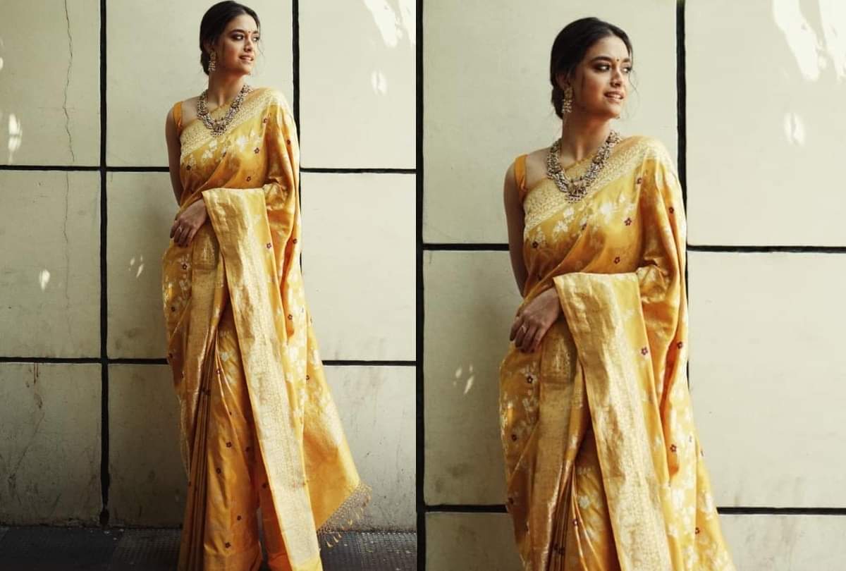 keerthy Suresh Wear mustard Saree With jacket Photos