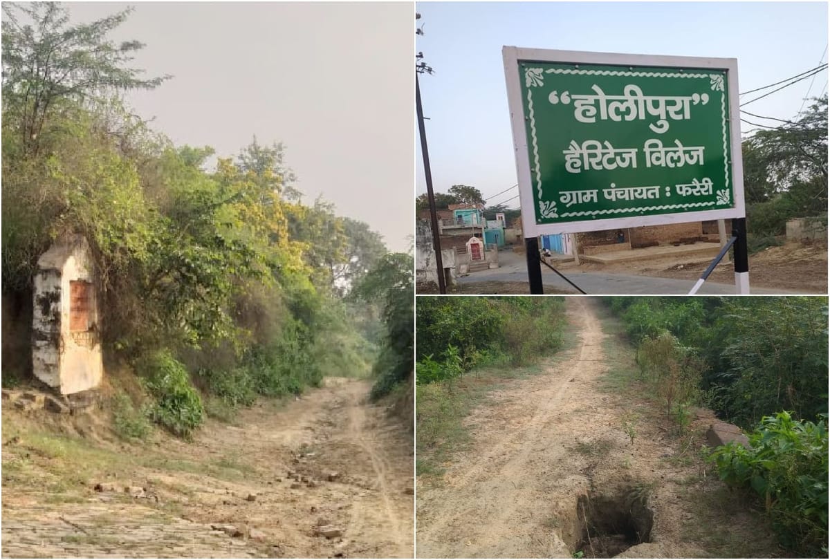 Dangerous potholes on the roads of Heritage Village Holipura in Agra