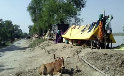 शारदा तटबंध पर टाट पट्टी बांधकर रह रहे बाढ़ पीड़ित।
