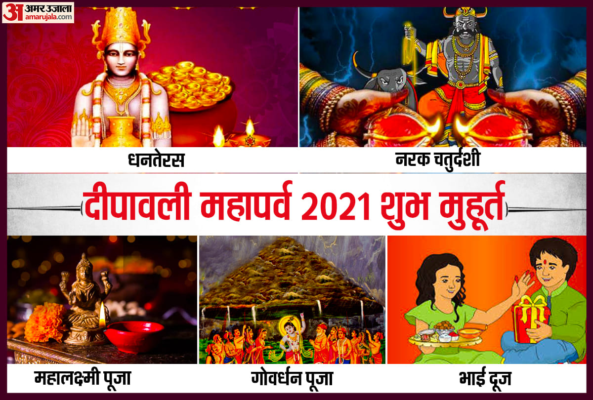 diwali 2021 five day festivals date dhanteras 2021 date shubh muhurat narak chaturdashi 2021 deepawali 2021 laxmi puja time gowardhan puja date shubh muhurat and bhai dhooj 2021 date
