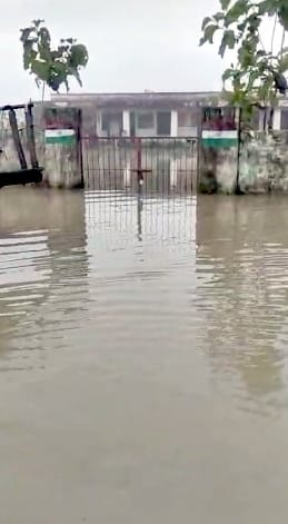 Flood water is still filled in Chaugurji school across the Mohana river