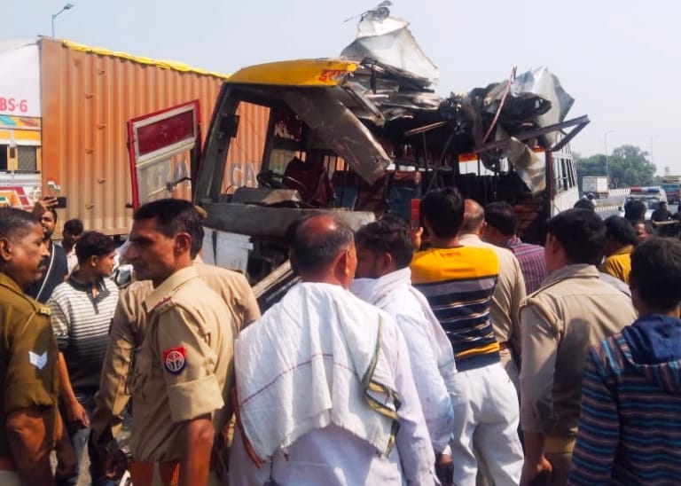 Roadways bus collided with truck on highway, woman killed, eight injured