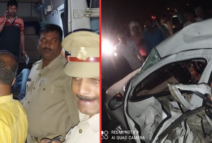 हादसे के बाद मौके पर पहुंची पुलिस व क्षतिग्रस्त कार।