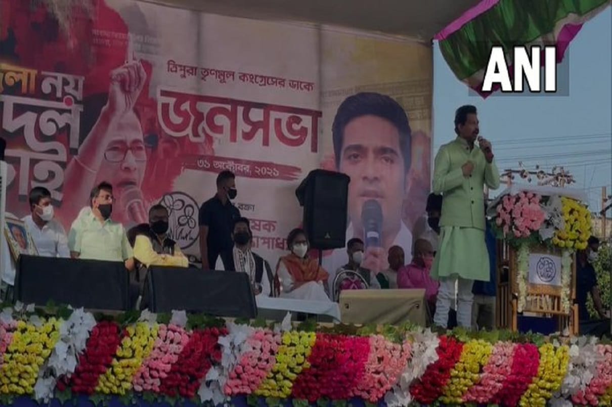 West Bengal BJP leader Rajib Banerjee joins TMC at party's general secretary Abhishek Banerjee's public meeting in Tripura