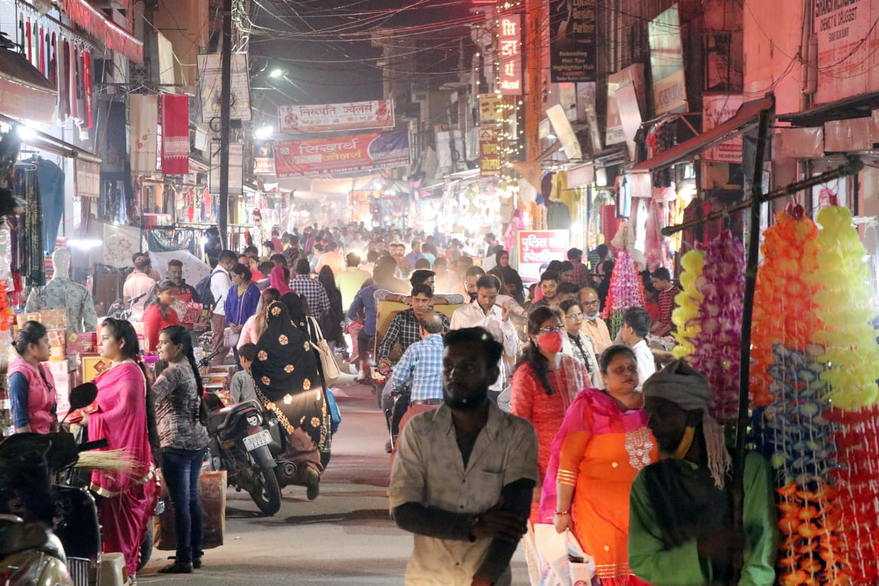 Establishments and houses decorated on Diwali, lit up market