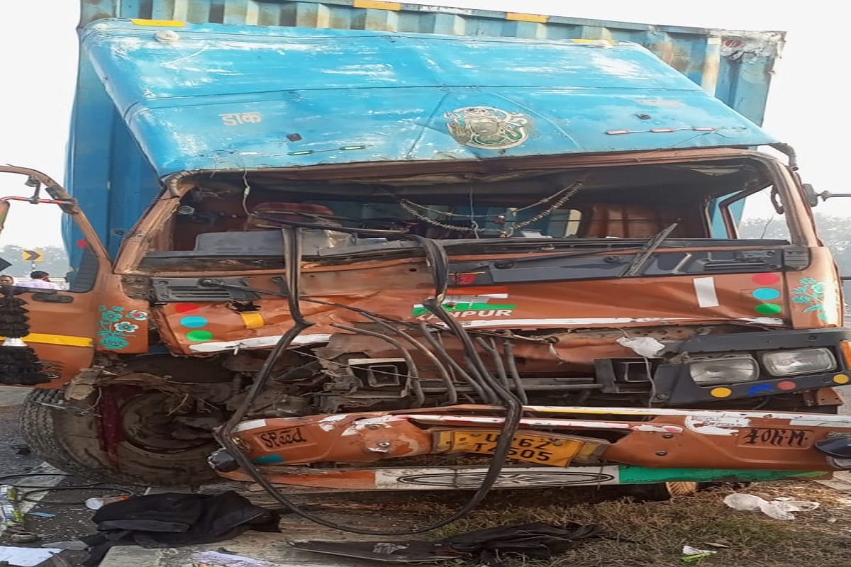 Road Accident in Varanasi on Ring Road Phase 2 driver killed in Truck and container collision