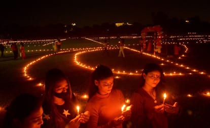 In Varanasi on the occasion of Panchdeepotsav the house-courtyard lit up on Chhoti Deepawali