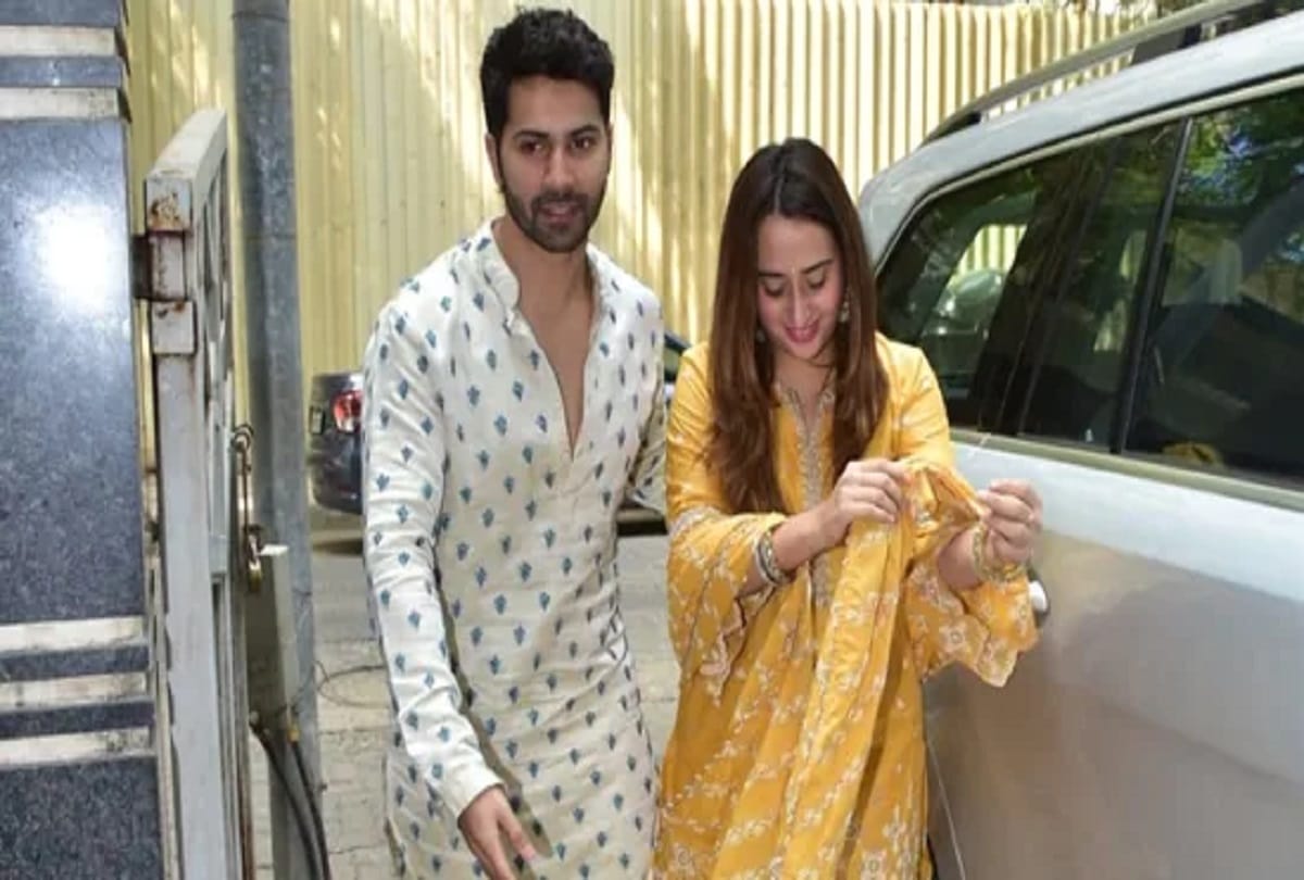 Varun's wife Natasha starts laughing after paparazzi call her bhabhiji Watch