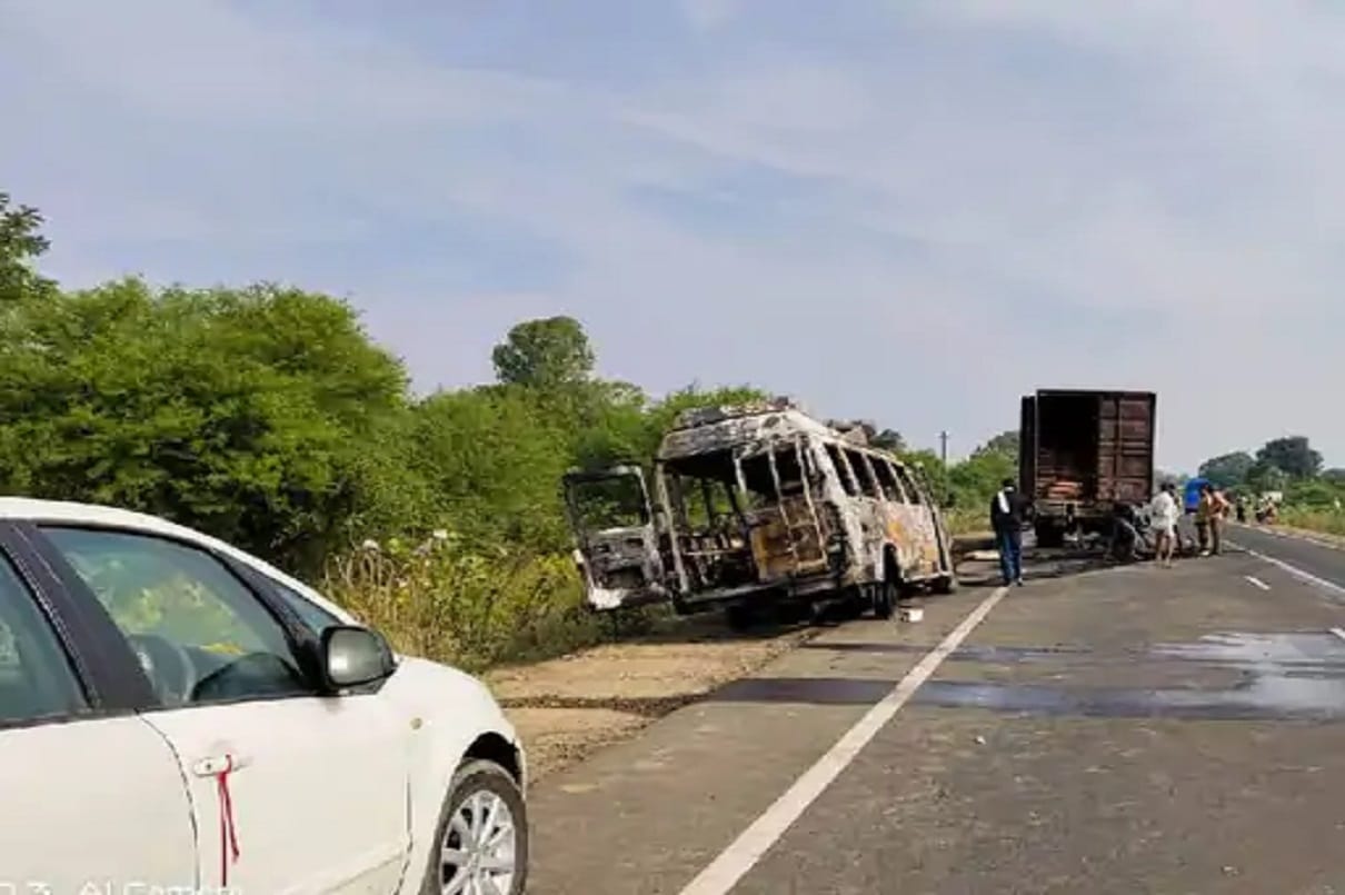 Bus collided with container three people died due to fire in guna