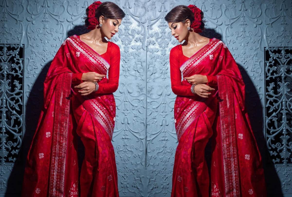 Jacqueline Fernandez diwali celebration Photos of traditional look in red saree