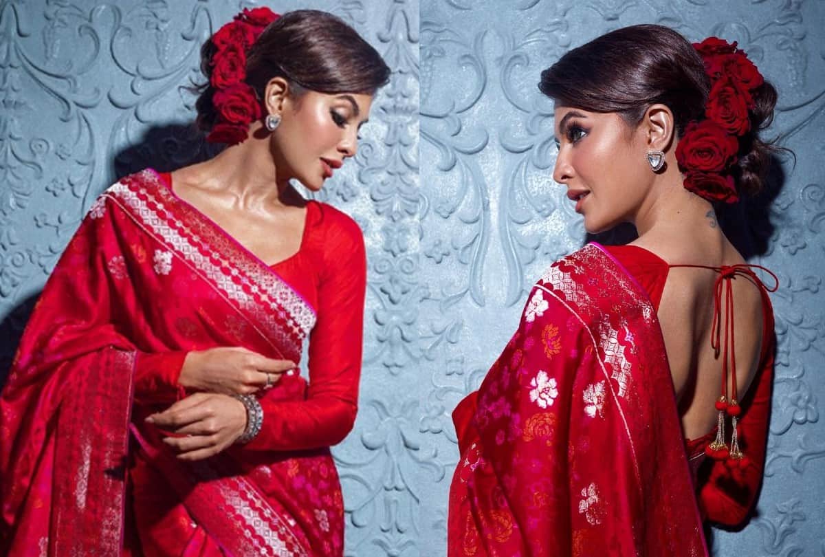 Jacqueline Fernandez diwali celebration Photos of traditional look in red saree