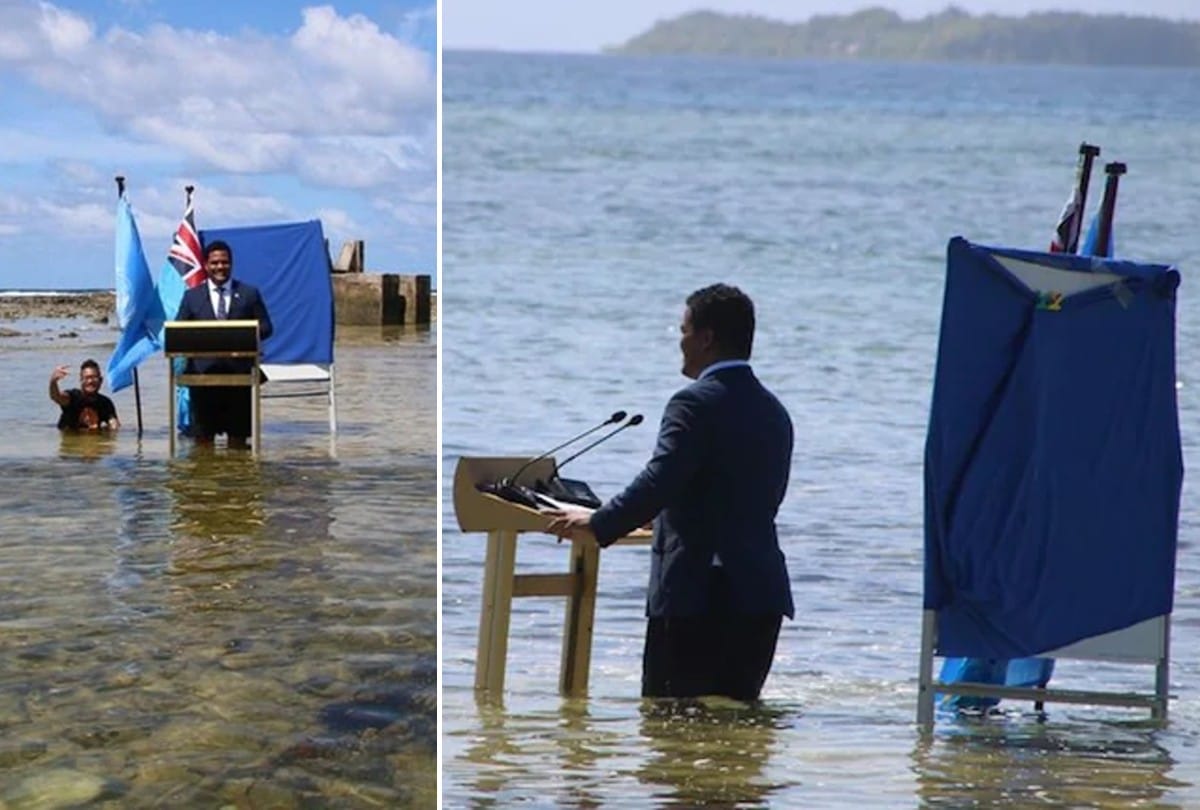 COP26 summit Wearing a suit-tie, Tuvalu foreign minister gave a speech on the environment while standing in the sea, know why