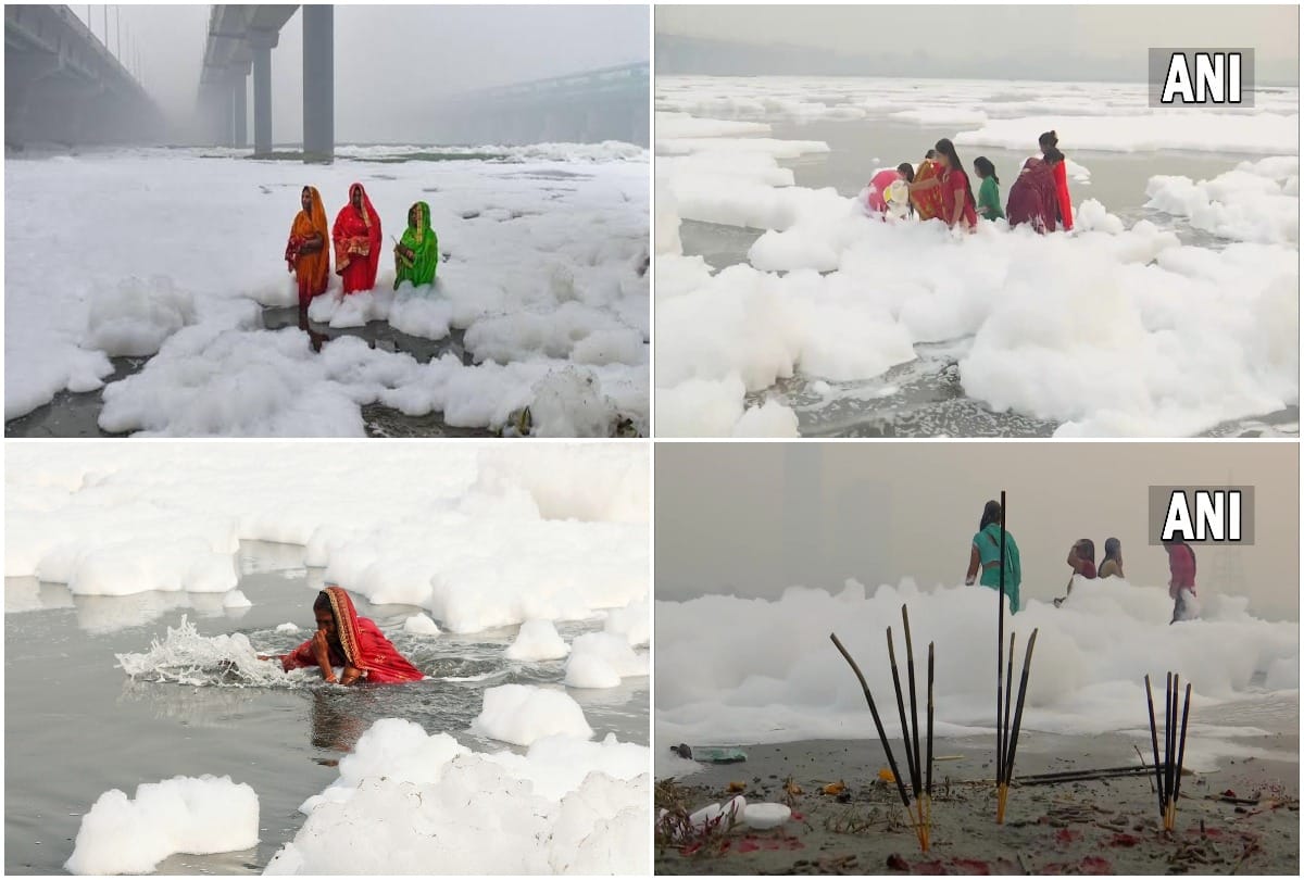 Chhath Puja 2021 in Delhi people takes holy dip in toxic water of Yamuna River