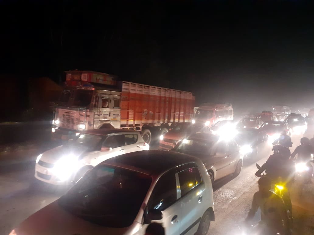 Car damaged on Brajghat bridge, National Highway jam