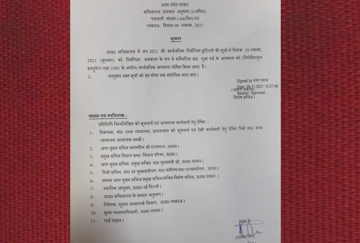 Public holiday declared on Chhath parv.