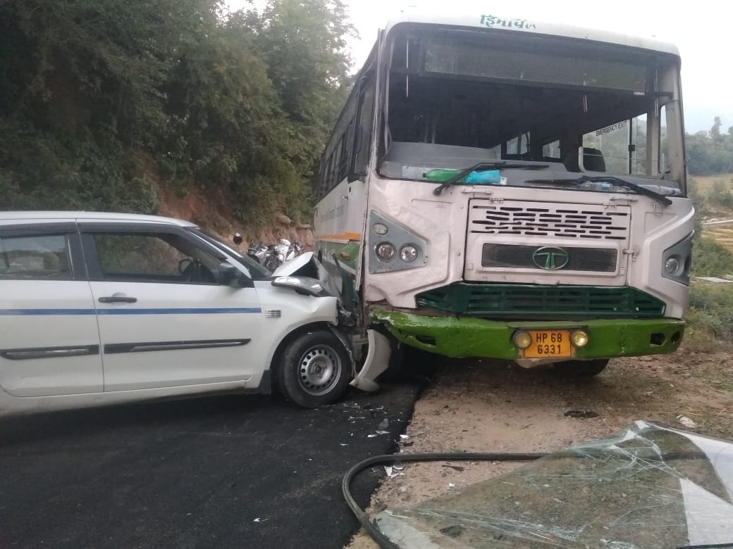 car collided with hrtc bus in Rehlu
