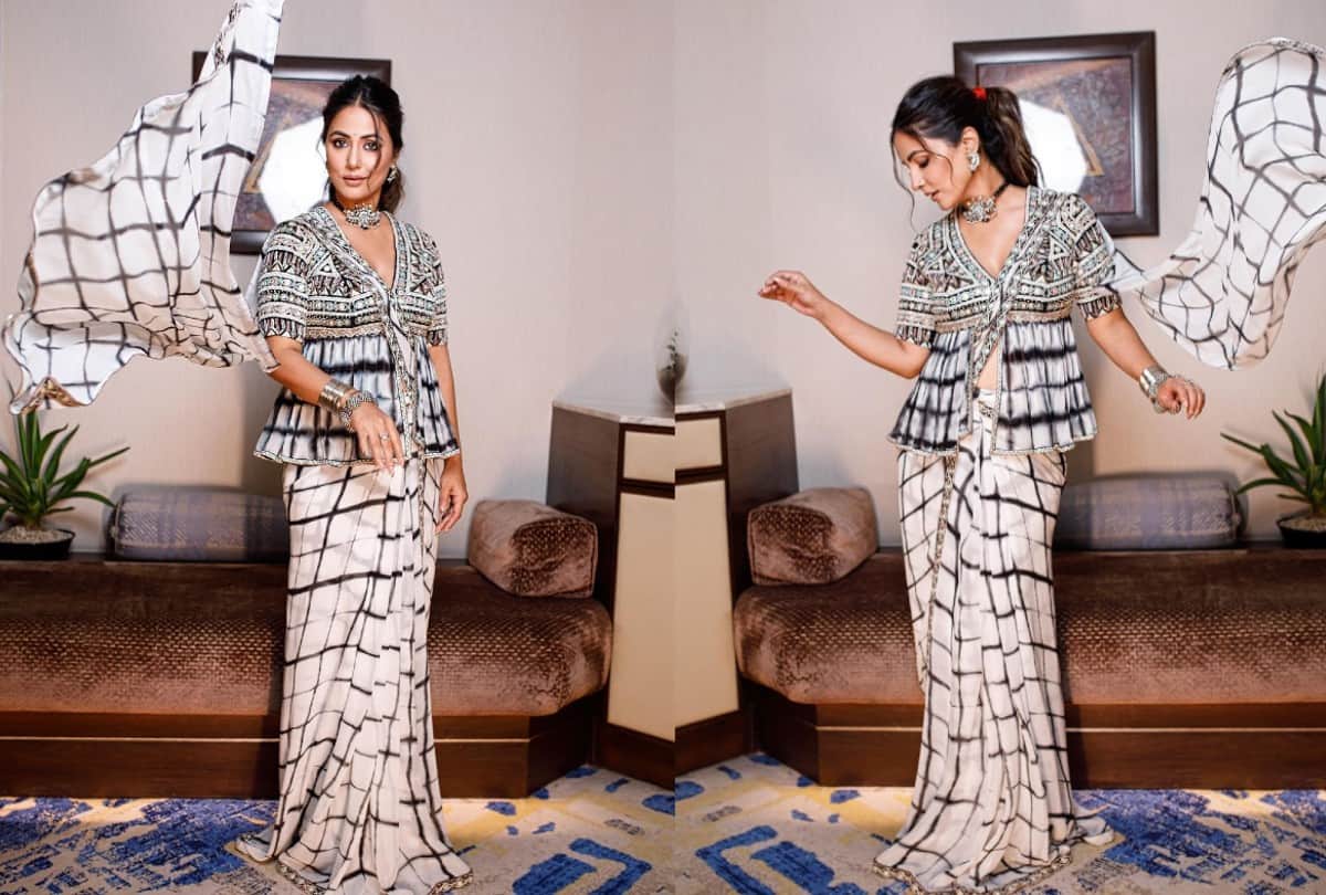 hina khan georgette tie dye print saree pair with peplum blouse