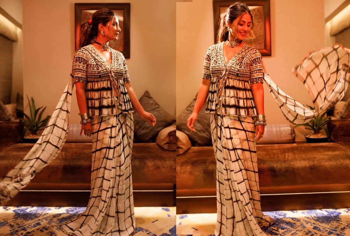 hina khan georgette tie dye print saree pair with peplum blouse