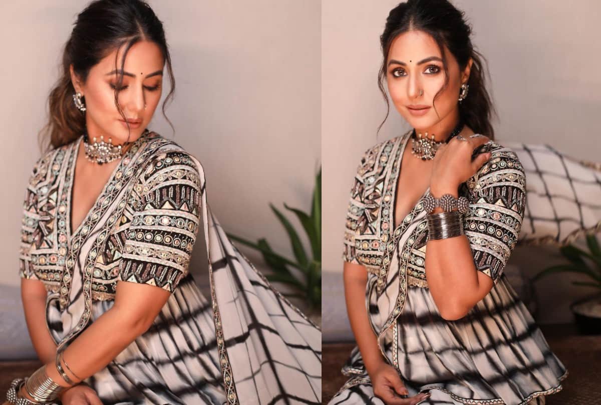 hina khan georgette tie dye print saree pair with peplum blouse