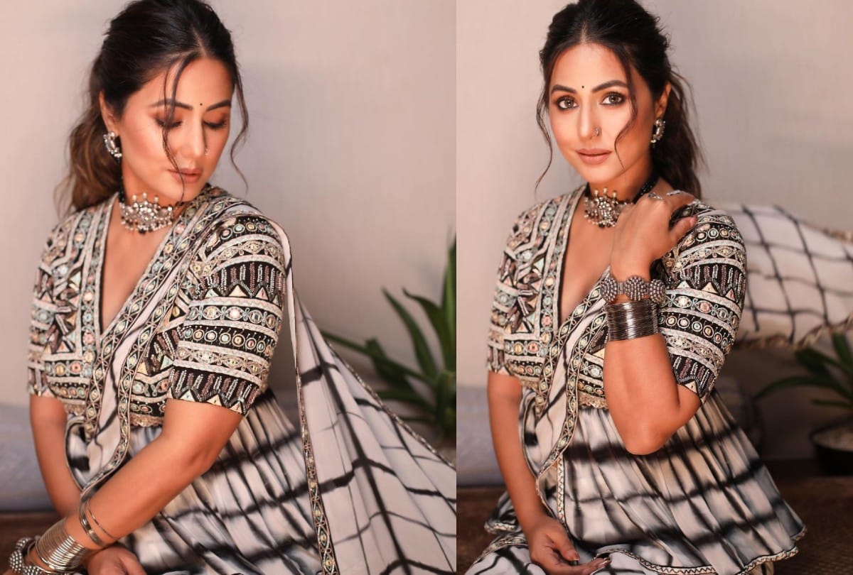 hina khan georgette tie dye print saree pair with peplum blouse
