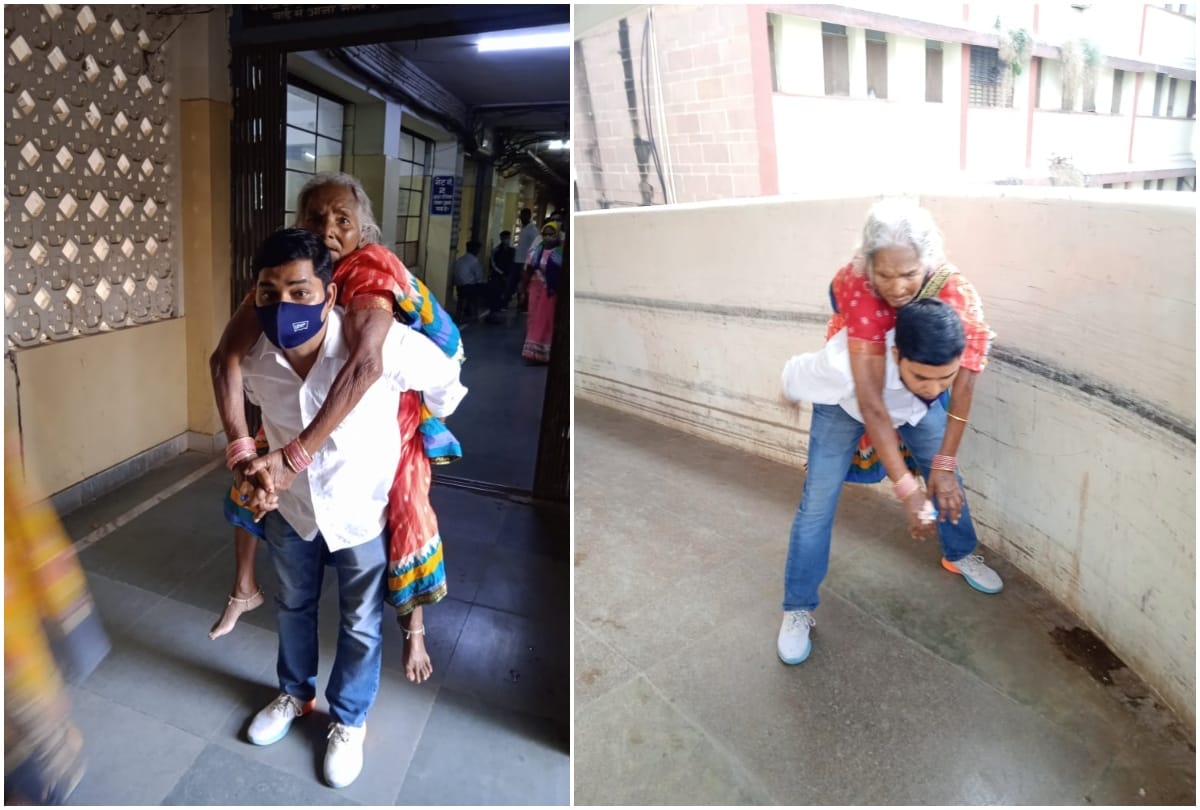 BHU hospital poor system son carried mother on his shoulder to fourth floor after lift dead and shortage of  stretcher