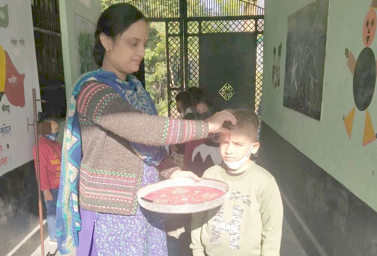 Students were welcomed in schools with tilak