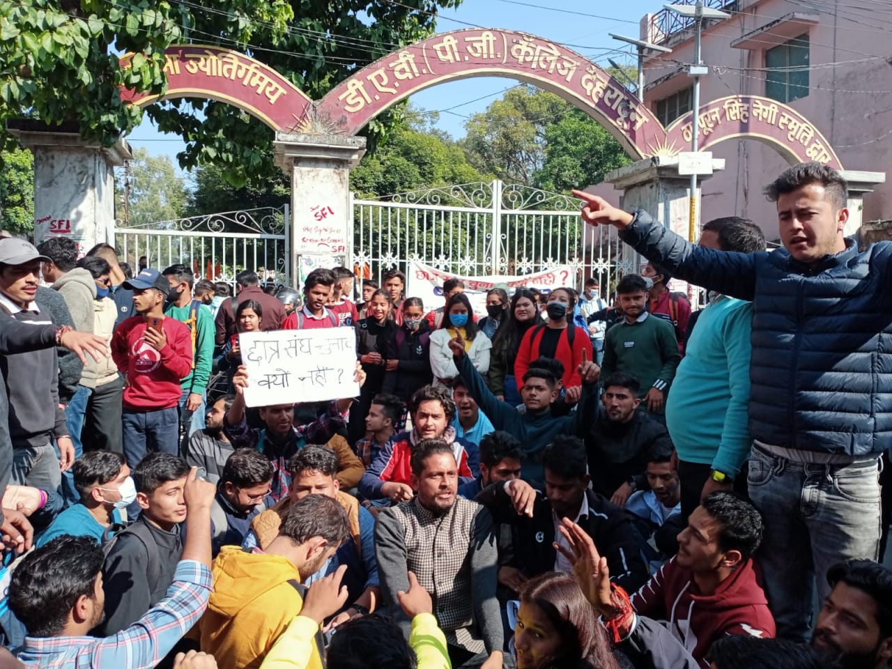 uttarakhand news: student union election demand, congress maun vrat, dav pg college student climb on tower, photos