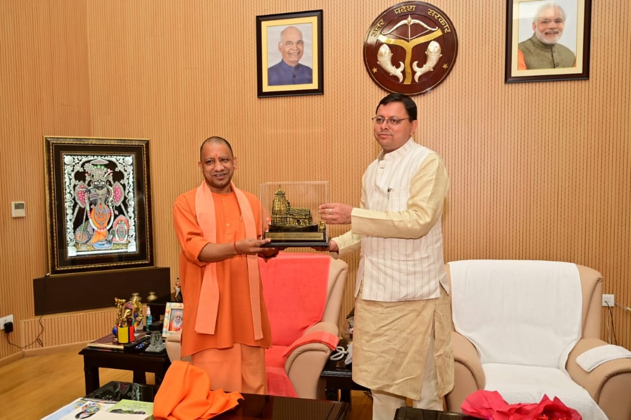 Chief Minister Pushkar Singh Dhami arrives for Yogi Adityanath swearing in ceremony