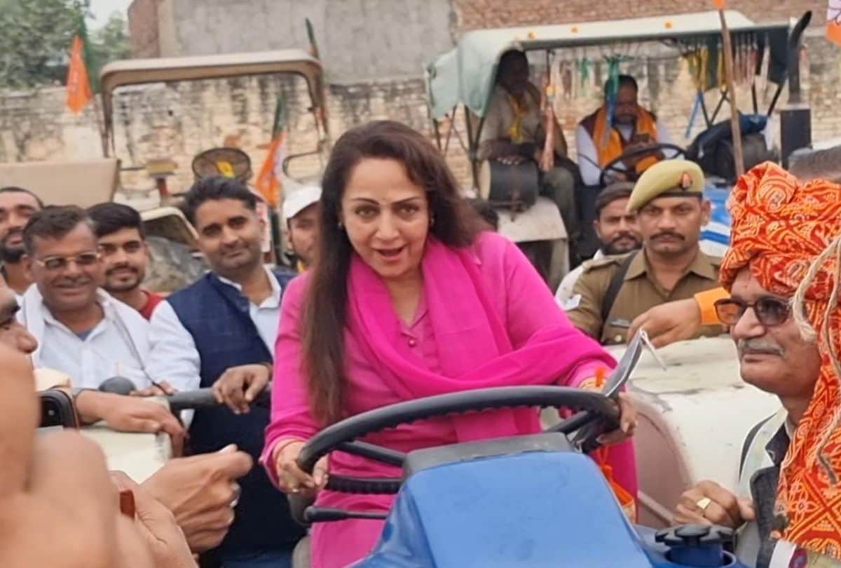 Hema Malini driving a tractor in BJP Kisan Morcha Rally in Mathura