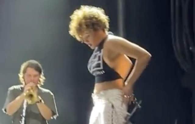 Sophia Urista has apologized for going too far by peeing on a fan onstage