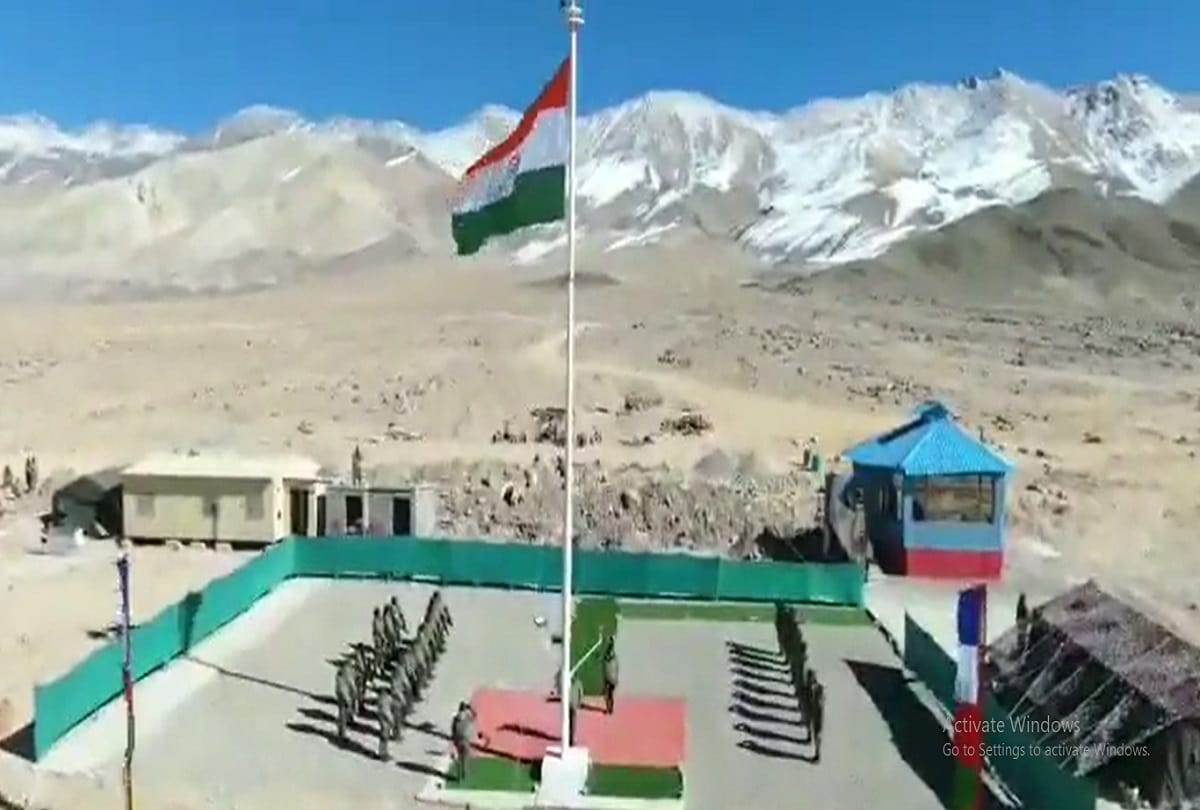 A 76 ft tall National Flag at 15000 ft constructed by Indian Army and Flag Foundation of India, hoisted overlooking the Hanle Valley in Ladakh