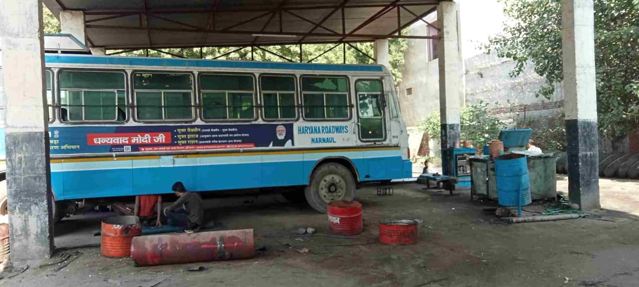 Roadways buses are being repaired and prepared to take them on the road.